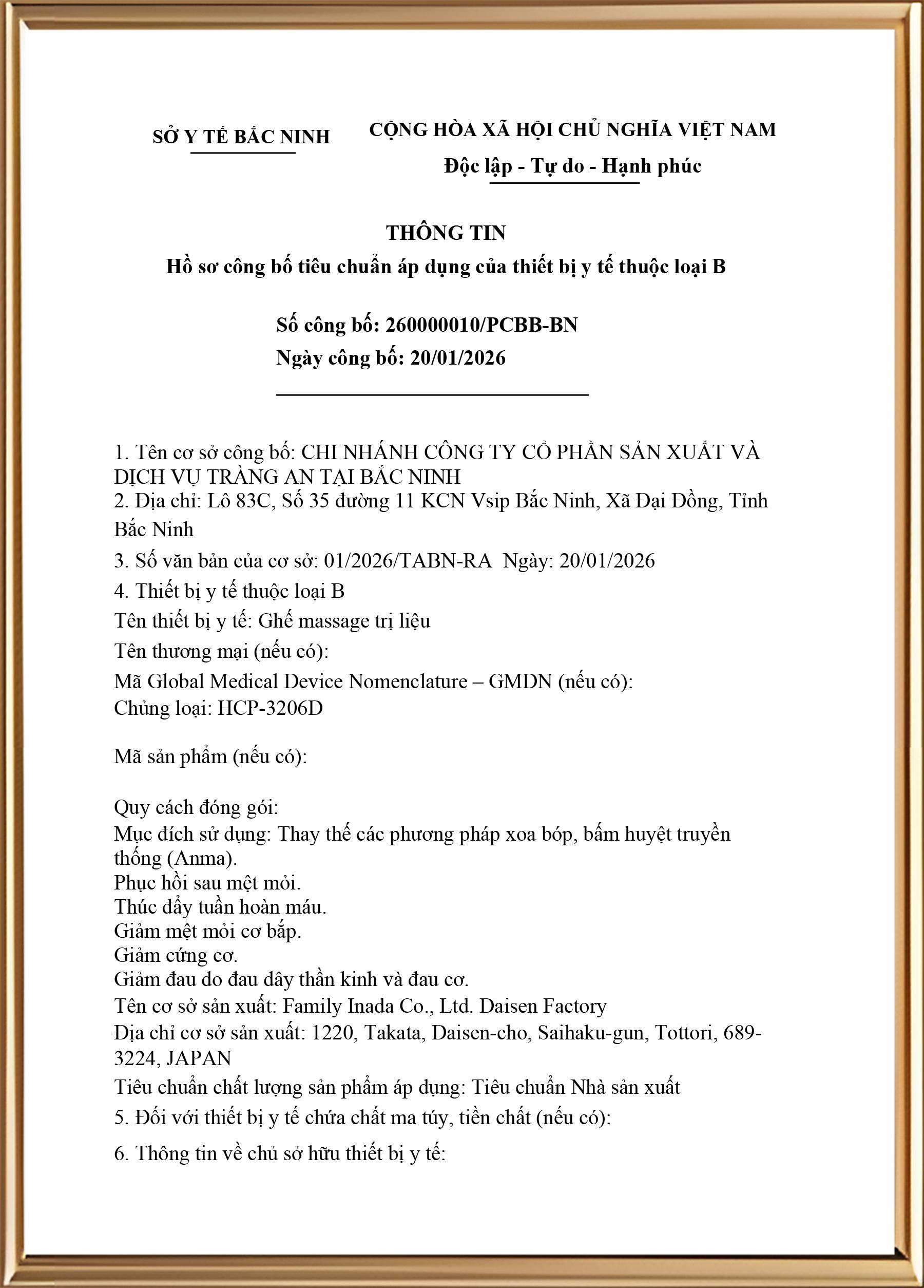 Chứng nhận trang thiết bị y tế loại B số 260000010/PCBB-BN - Bộ Y tế Việt Nam - Family INADA iFIT Pro