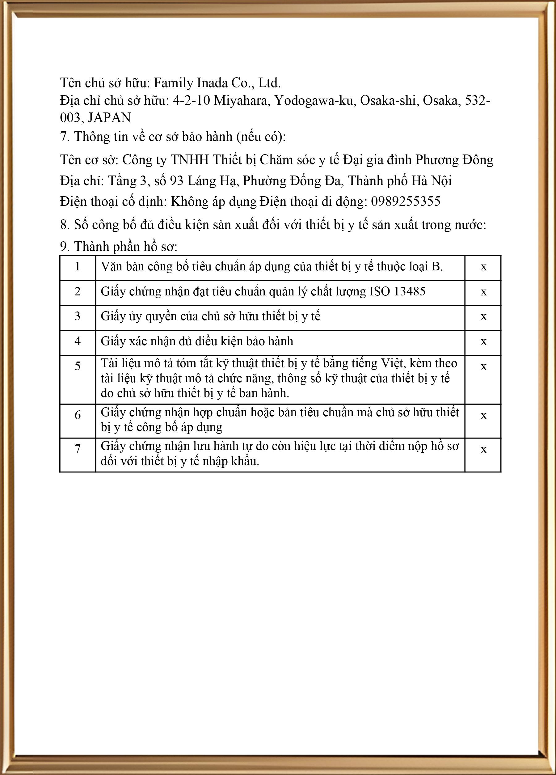 Chứng nhận trang thiết bị y tế loại B số 260000010/PCBB-BN - Bộ Y tế Việt Nam - Family INADA iFIT Pro