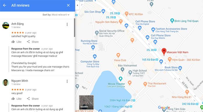 Đánh giá khách hàng hãng ghế massage trên google maps