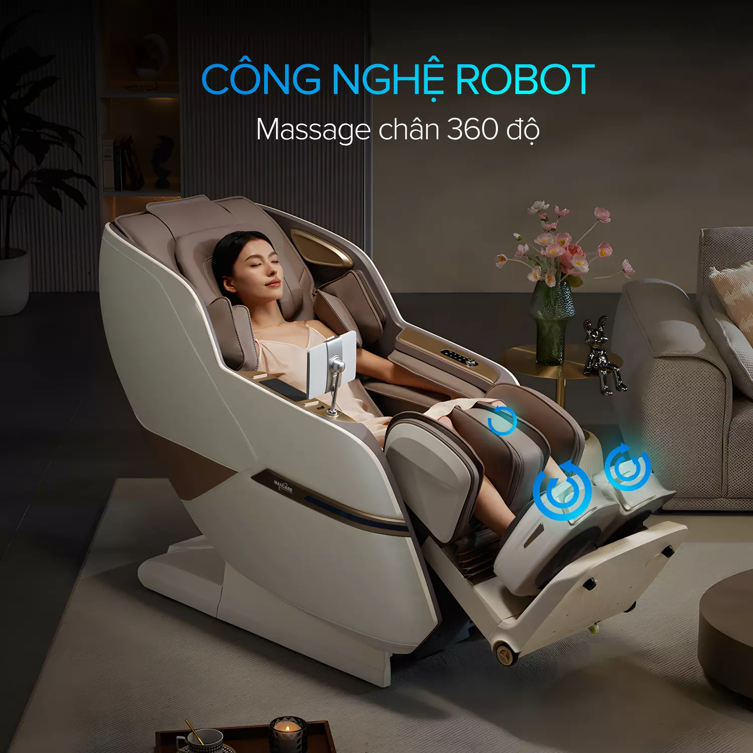 Ghế massage Maxcare Max4D Robo ứng dụng công nghệ trí tuệ nhân tạo (AI) để đo lường và phân tích thể trạng người dùng