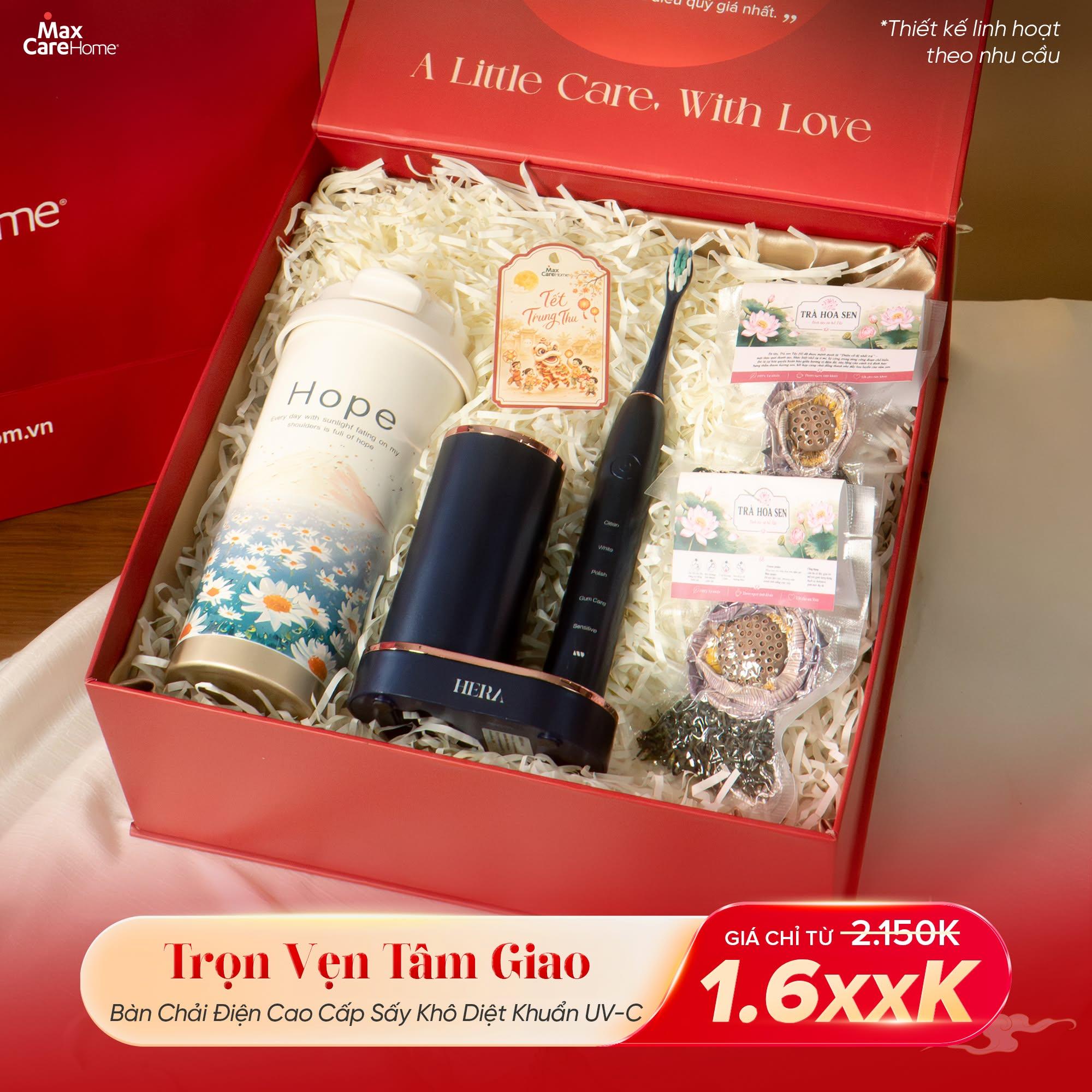 Set quà Trung thu doanh nghiệp gồm bàn chải điện khử khuẩn Hera, bình giữ nhiệt Hope và trà sen nổi bật trong khoảng ngân sách 1-2 triệu đồng