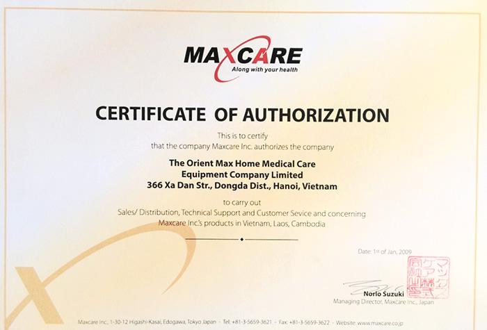 Chứng nhận nhà phân phối ghế massage Maxcare