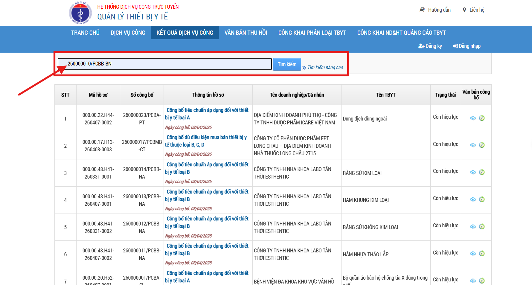 Tra cứu số công bố 260000010/PCBB-BN trực tiếp trên hệ thống quản lý trang thiết bị y tế quốc gia 2
