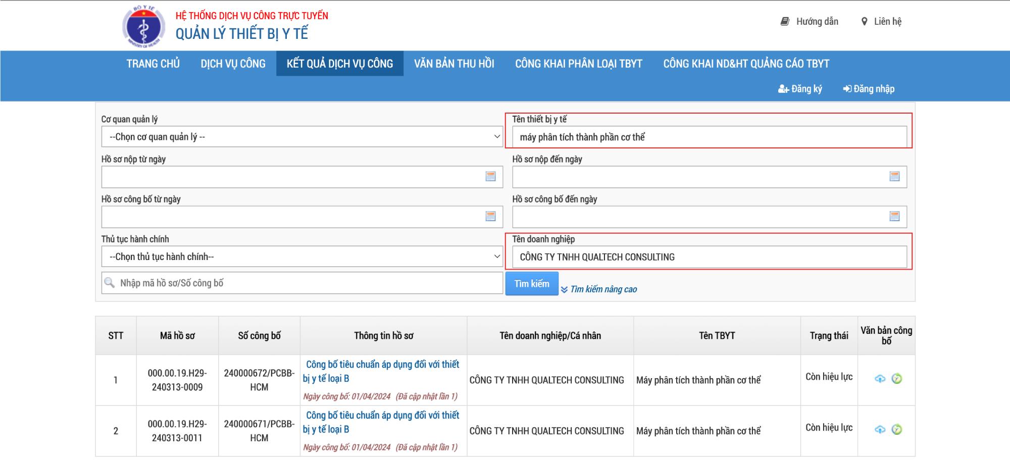 Hướng dẫn tra cứu công bố thiết bị y tế loại B của máy phân tích thành phần cơ thể Tanita